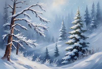 The primary subject of the image is a snowy forest with a group of pine trees. The setting is a winter landscape with snow covering the ground and trees. The visual style is an illustration or painting, giving the scene a more artistic and detailed appearance. The colors and mood of the image are predominantly white and cold, reflecting the wintry atmosphere.